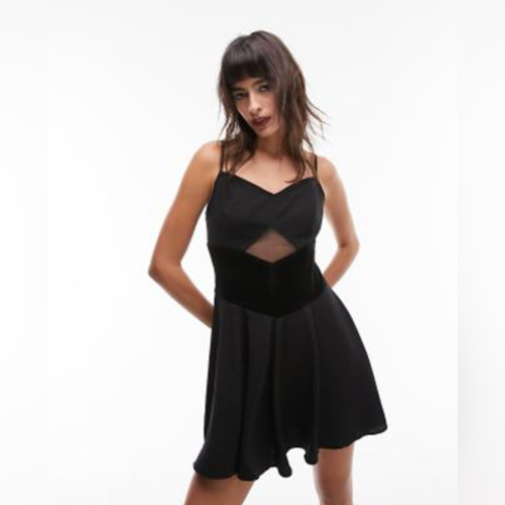 Topshop velvet and cutout mesh mix floppy straps mini dress